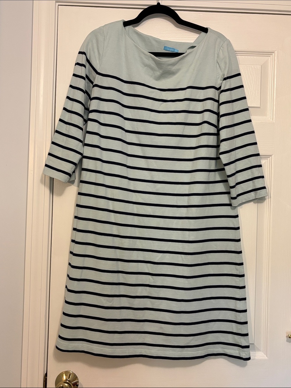 Striped Midi Dress in Light Mint and Black — Boatneck, 3/4 Sleeves